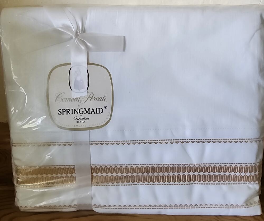 Vintage Springmaid Combed Percale Flat Sheet White Gold Trim 81x108 Made in USA